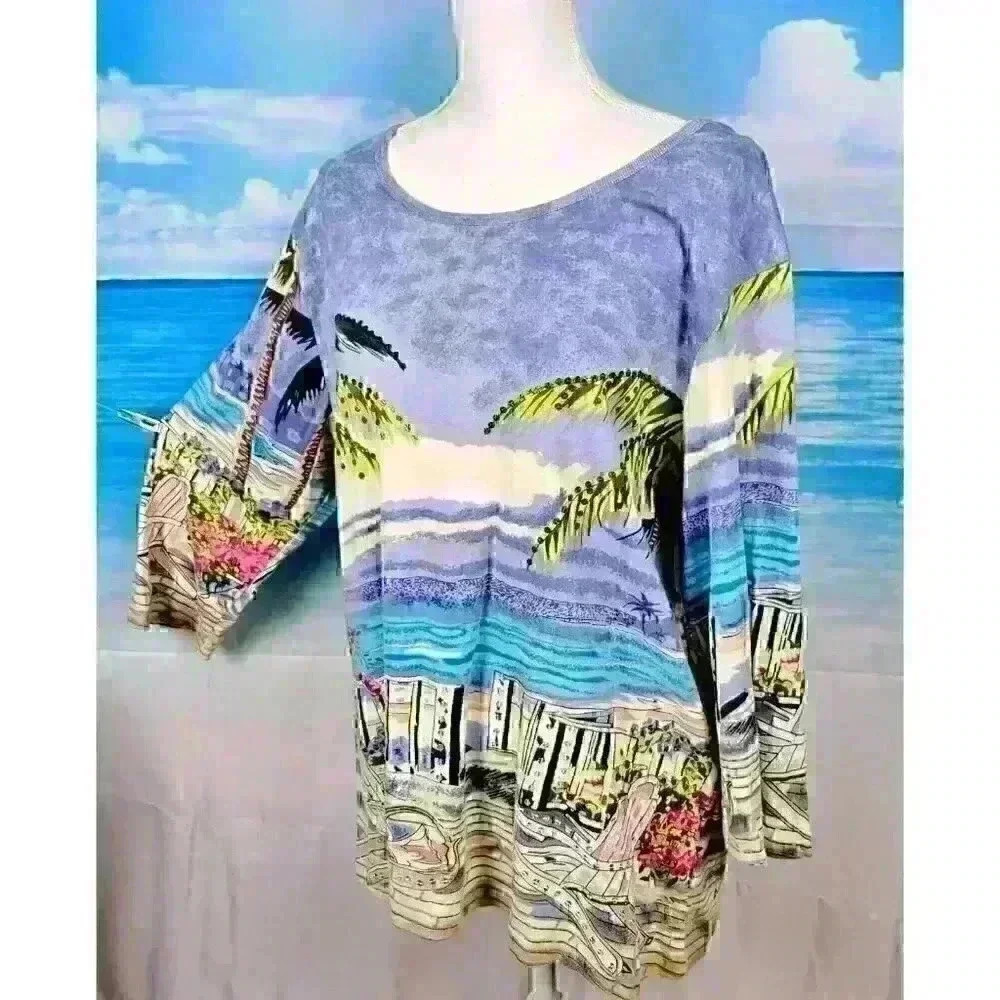 BLAIR Beach PRINT Travel Shirt TUNIC Top 3/4 Sleeve Lightweight STRETCH size XL - Picture 2 of 7